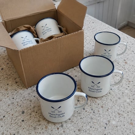 Branded enamel mugs with logo