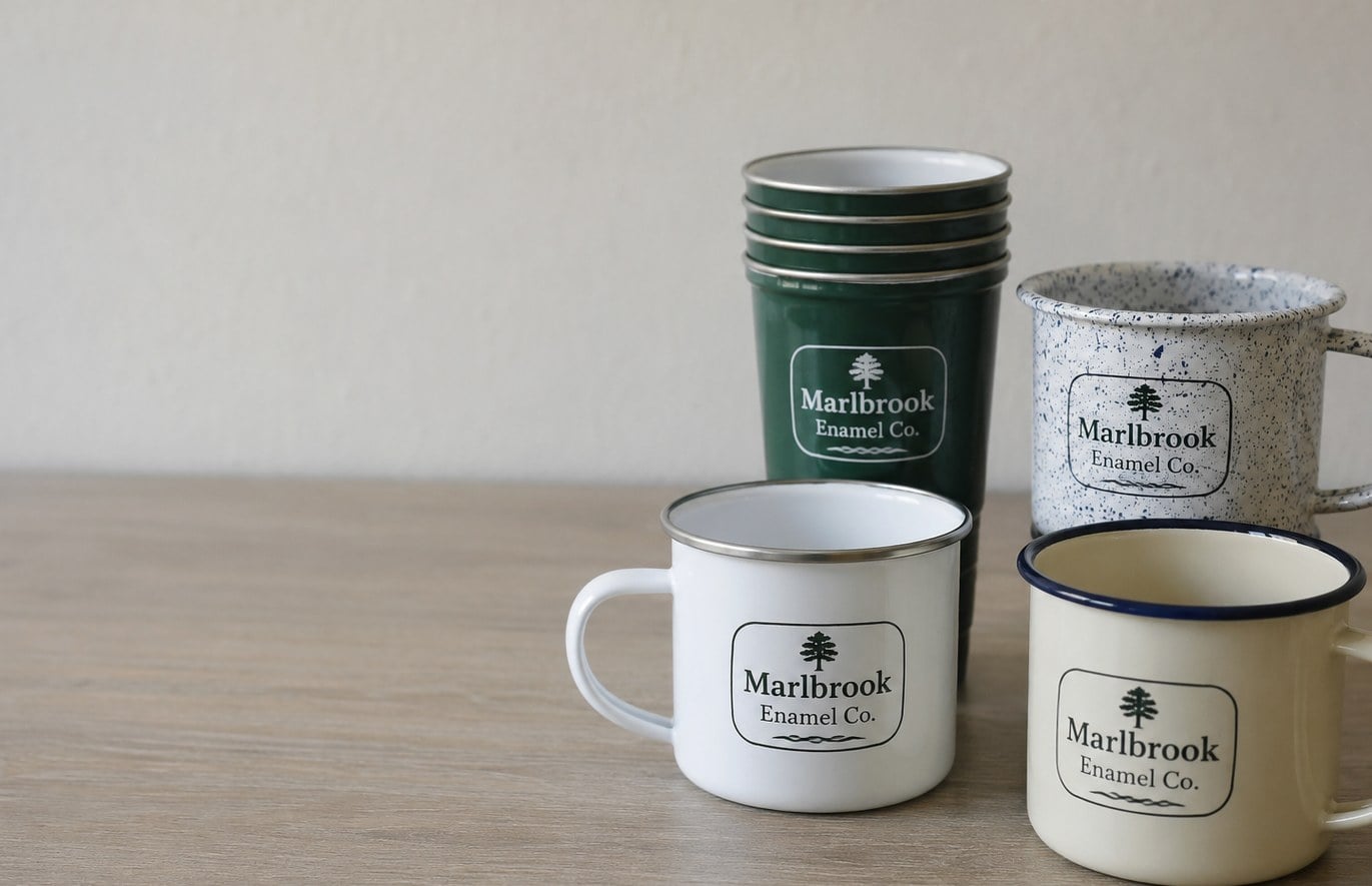 Custom printed enamel mugs with logo